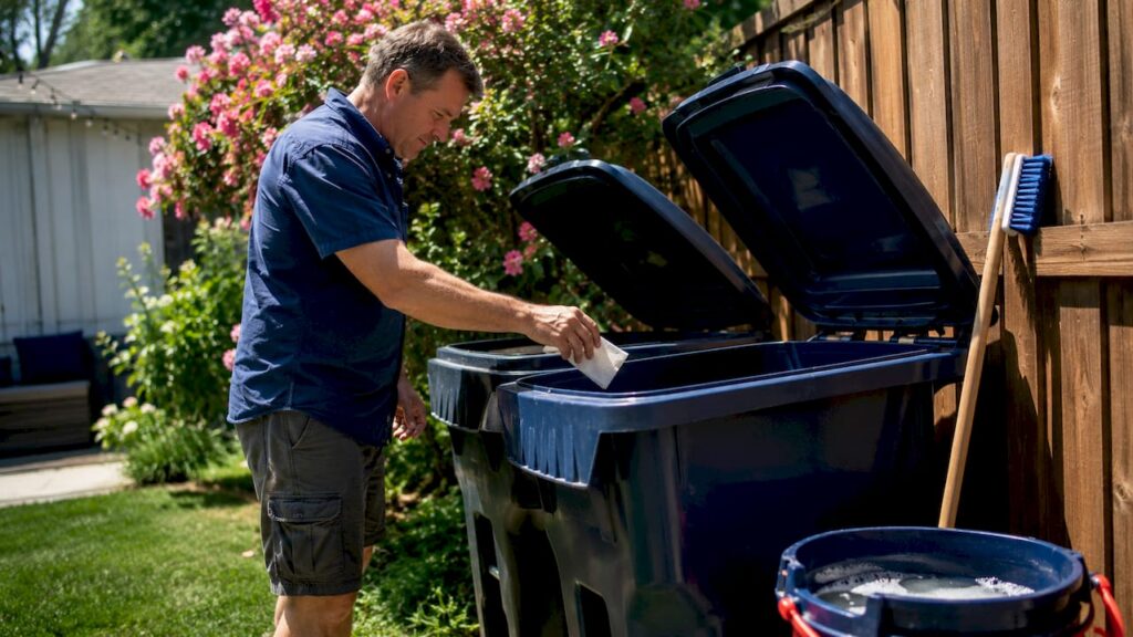 Homeowner preparing trash bins outdoors