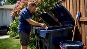 Homeowner preparing trash bins outdoors
