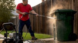 Man pressure washing residential trash bin outdoors