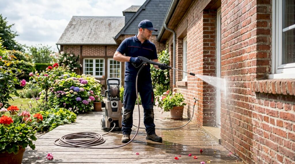 Technician pressure washing home exterior siding
