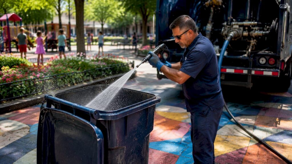 Technician cleaning residential garbage bin with high-pressure water