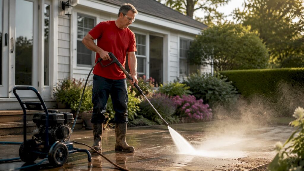 Man pressure washing house exterior siding