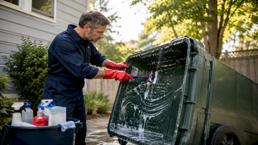 Sanitation worker scrubbing trash bin outdoors