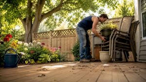 Homeowner clearing wooden deck furniture