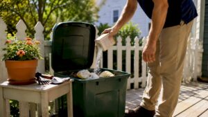Trash bin with baking soda being sprinkled inside