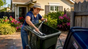Woman washing garbage bin outdoors