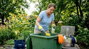 Woman cleaning trash can in backyard