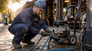Technician preparing commercial pressure washing equipment