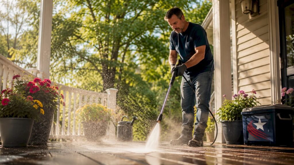 Homeowner pressure washing house exterior