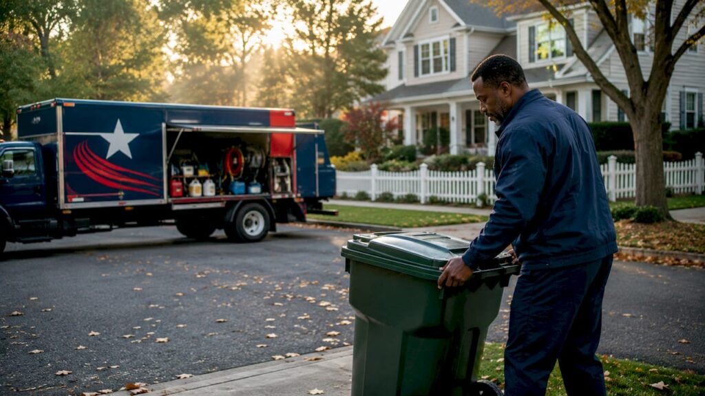 Man placing trash bin curbside for cleaning