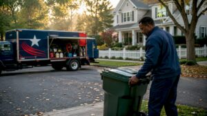 Man placing trash bin curbside for cleaning
