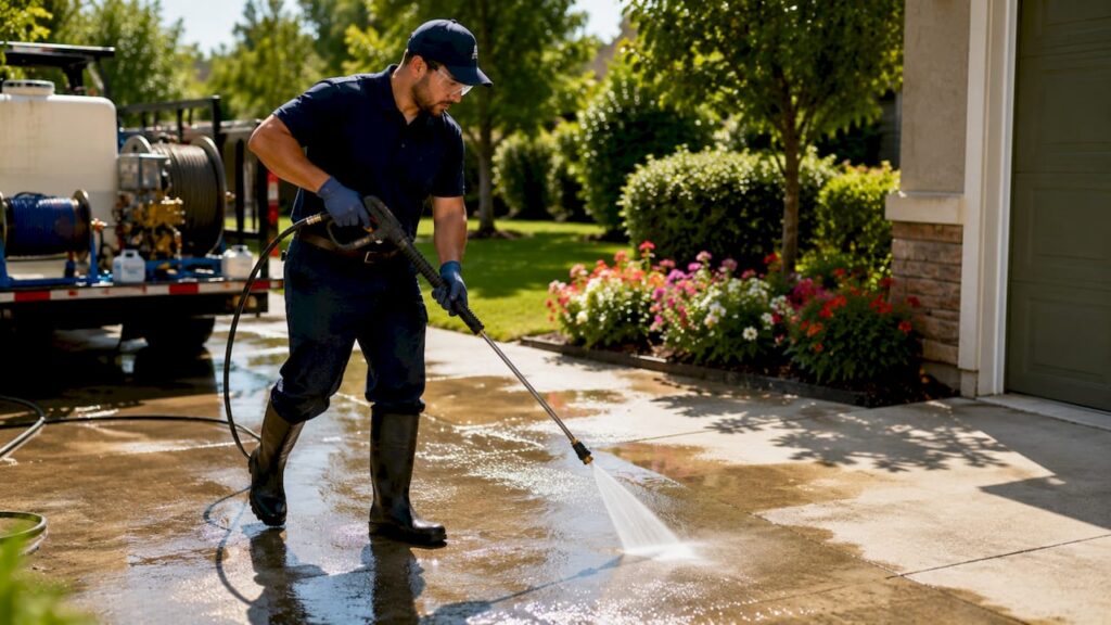 Professional pressure washing concrete driveway outdoors