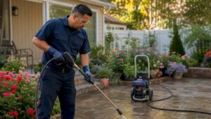 Technician preparing home pressure washing outdoors