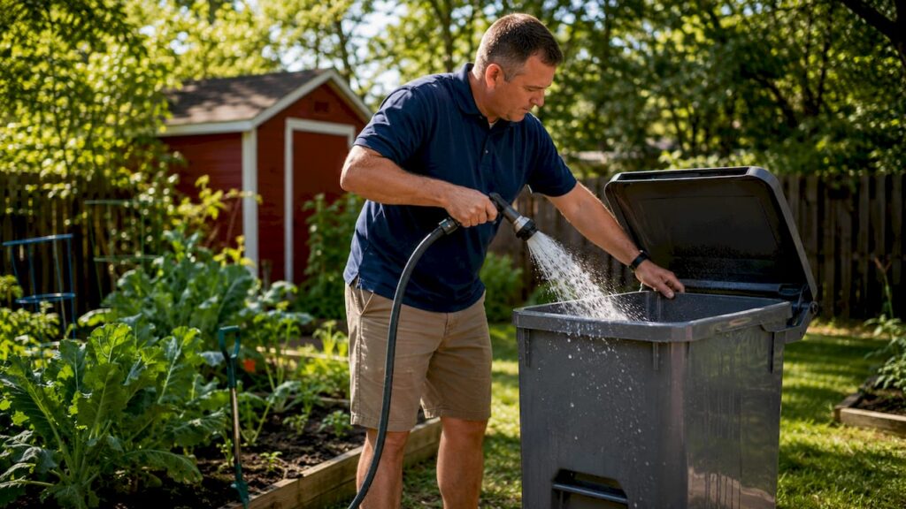 Man rinsing home trash bin outdoors