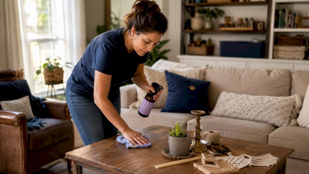 Woman cleaning kitchen using eco-friendly products