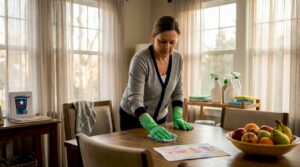 Woman cleaning family living room with green products