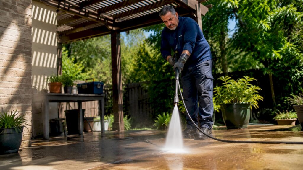 Worker using high-pressure cleaner on concrete patio