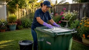 Woman cleaning garbage bin outdoors