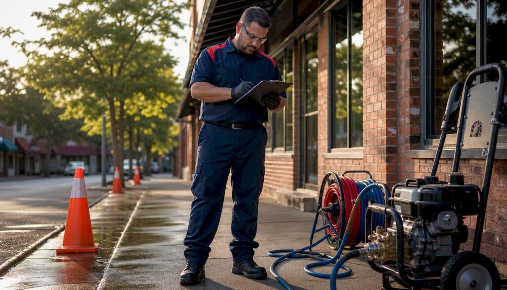 Technician inspecting storefront before washing