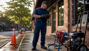 Technician inspecting storefront before washing