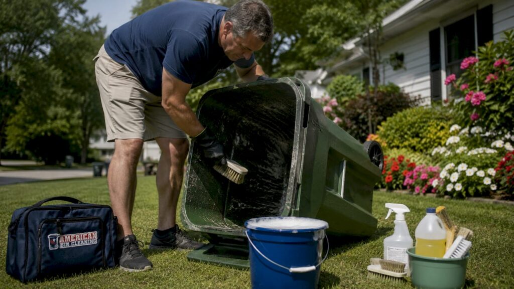 Homeowner scrubbing dirty trash bin outdoors