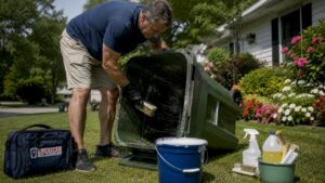 Homeowner scrubbing dirty trash bin outdoors