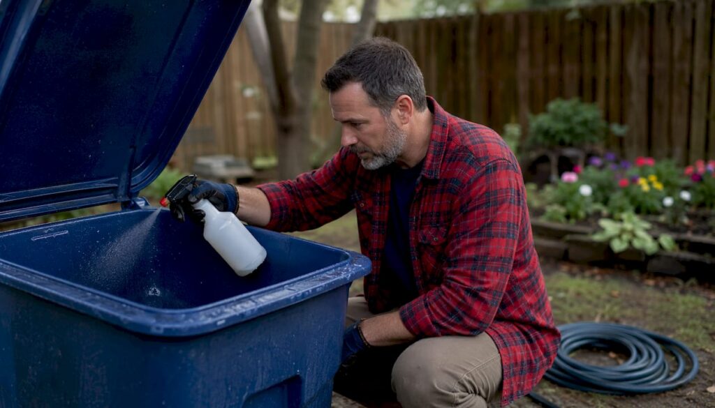 Man sanitizing garbage bin outdoors
