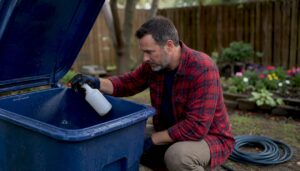Man sanitizing garbage bin outdoors