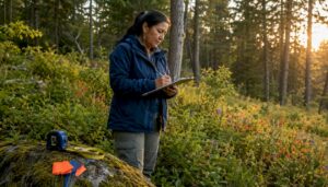 Woman assessing wooded land for eco-friendly clearing