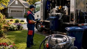 Technician operating automated bin cleaning truck