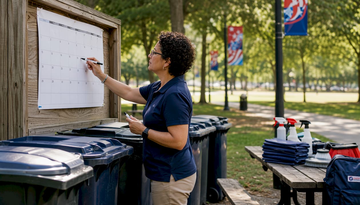 Manager planning bin cleaning schedules in workshop