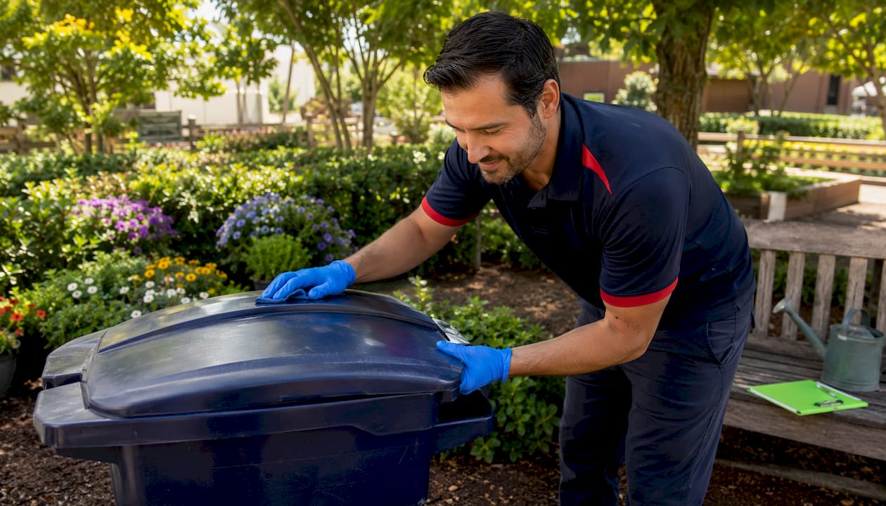 Expert inspecting sanitized recycling bin outdoors