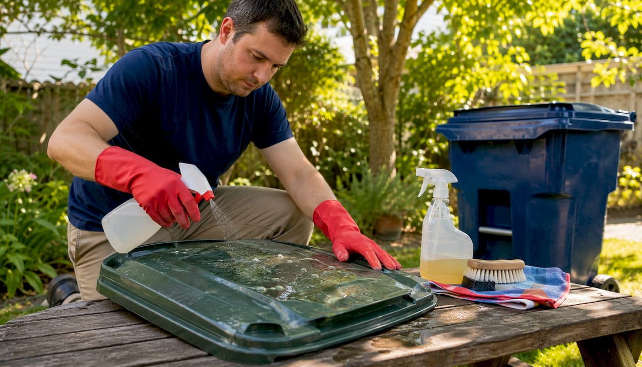Person cleaning trash bin lid with enzymatic spray