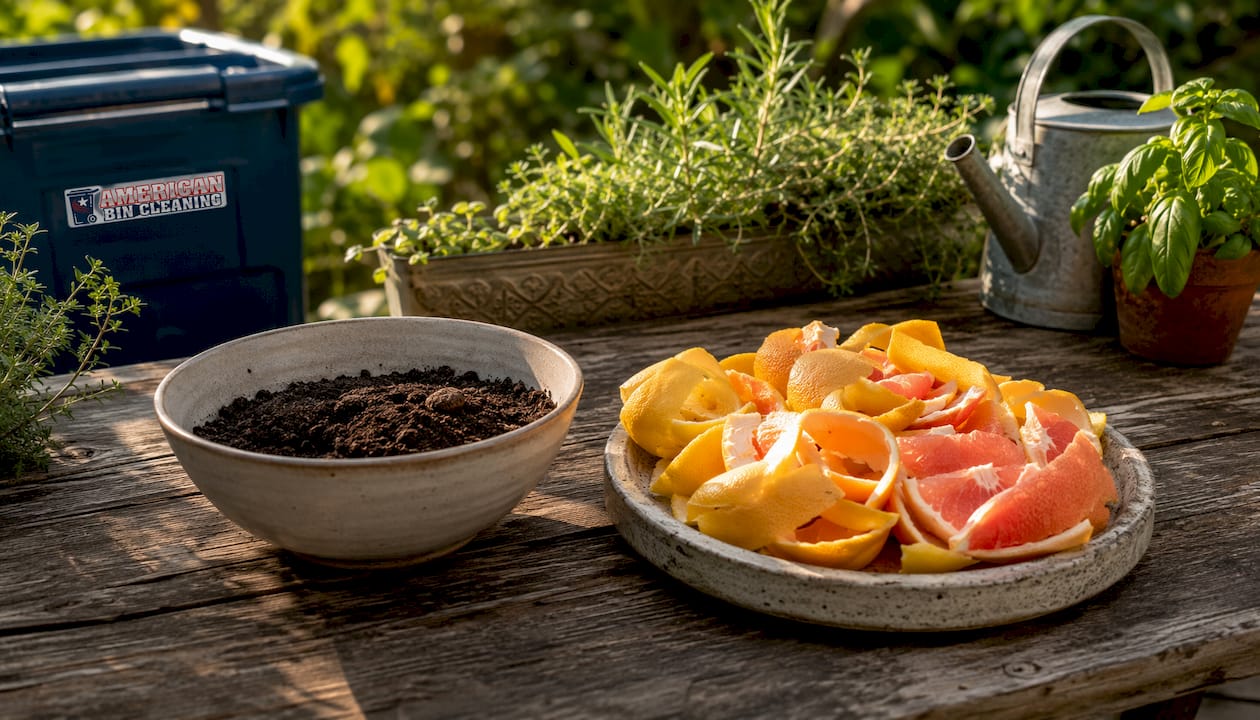 Coffee grounds and citrus peels on kitchen counter