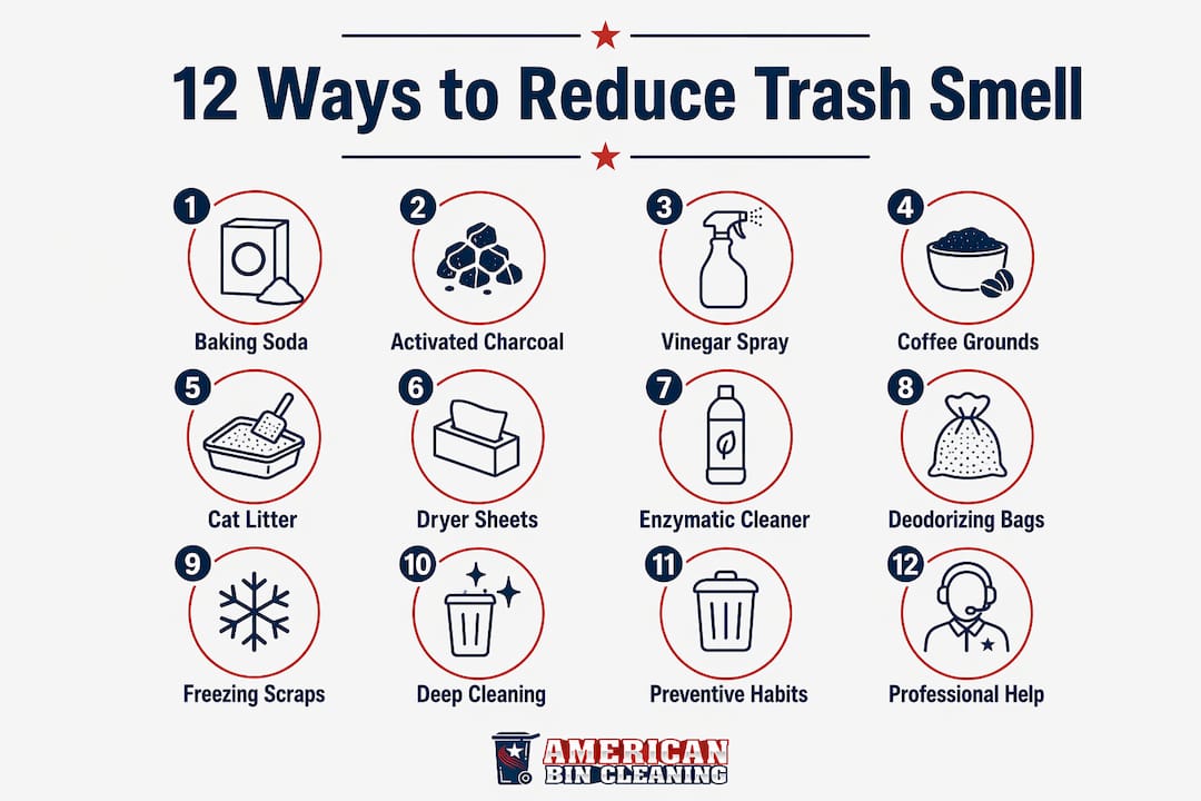 Infographic showing 12 practical trash odor reduction steps