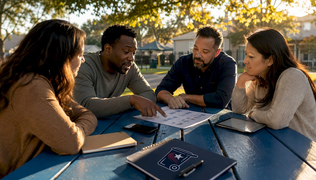 HOA residents discussing bin cleaning plans outdoors
