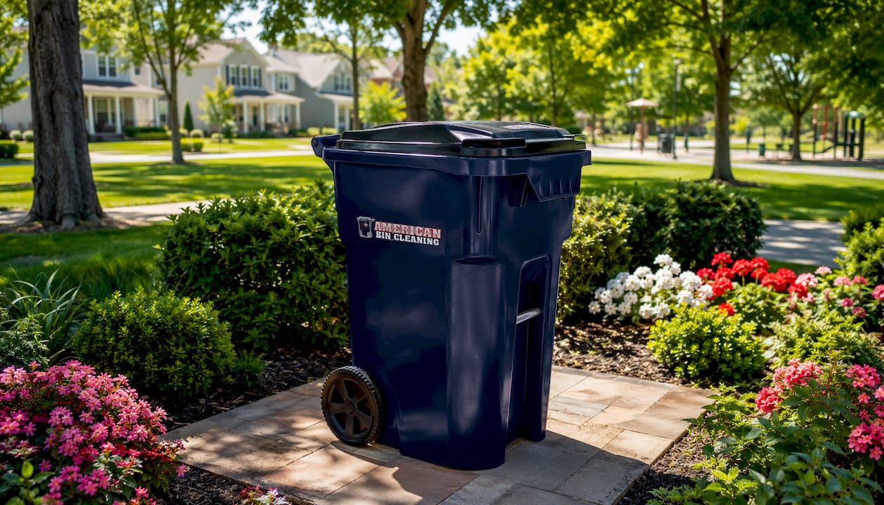 Clean outdoor HOA trash bin in sunlight