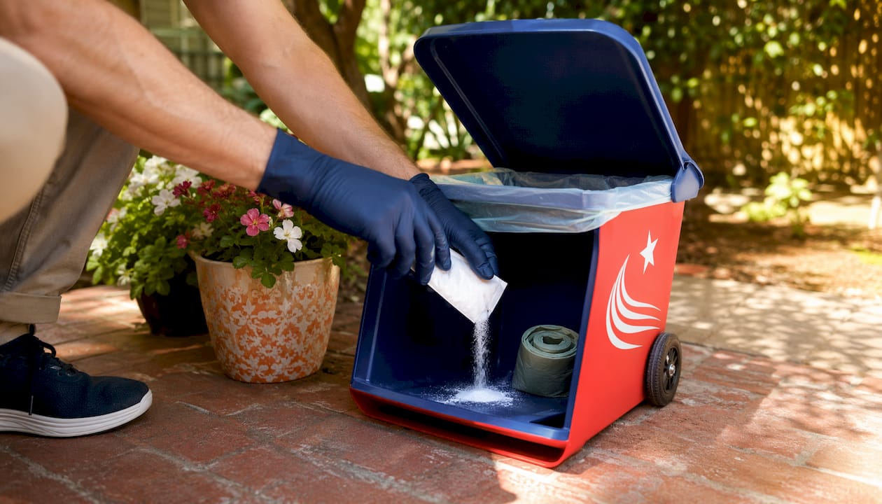 Hands placing odor control sachet inside trash bin