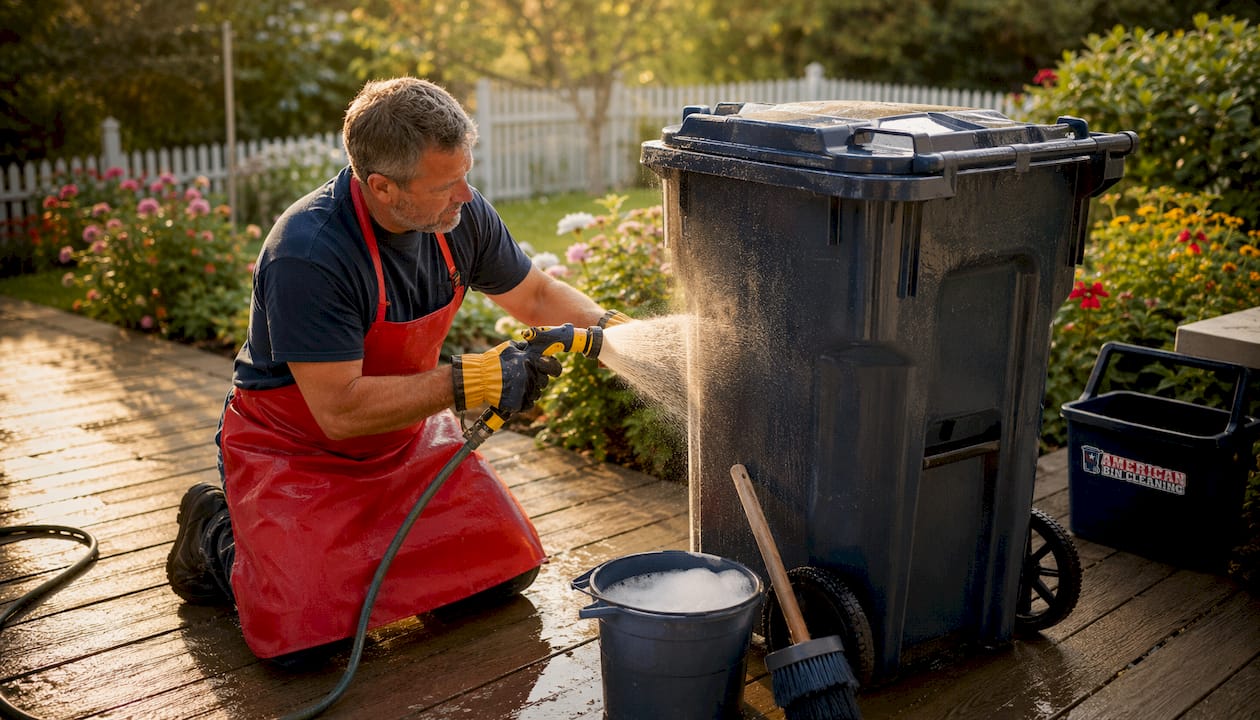 Man washing outdoor trash bin with hose