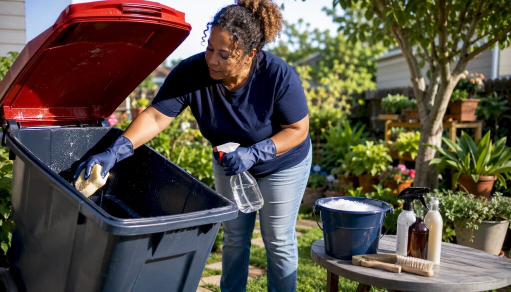Woman cleaning kitchen trash can indoors