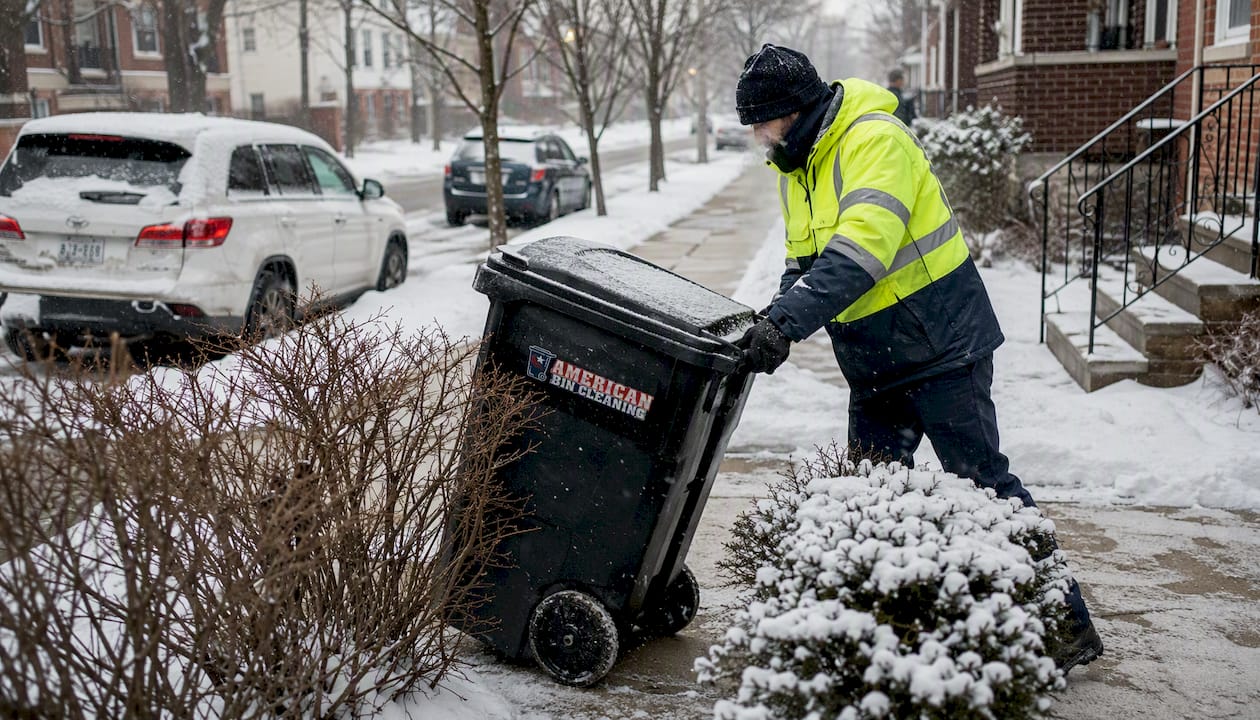 Worker moving winter-stained trash bin outdoors