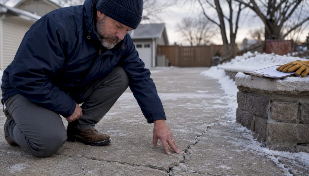 Man inspecting cracked winter concrete pavement