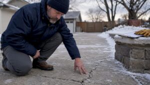 Man inspecting cracked winter concrete pavement