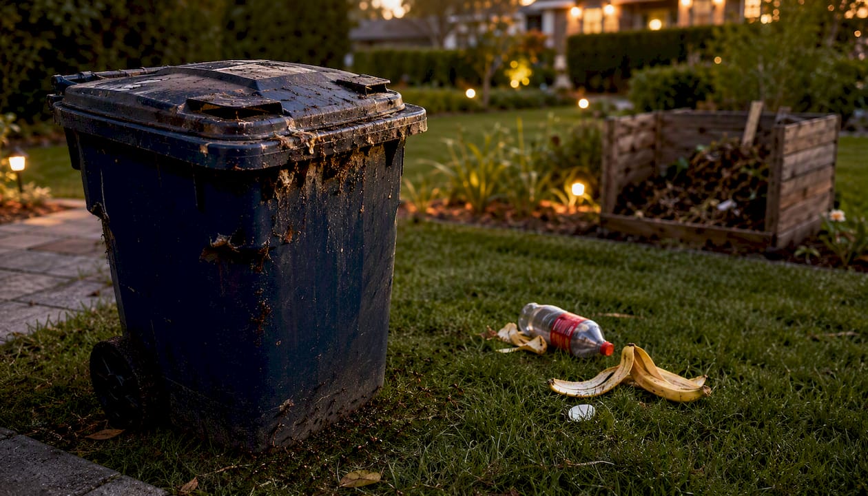 Close-up of trash bin with pest attractants outdoors