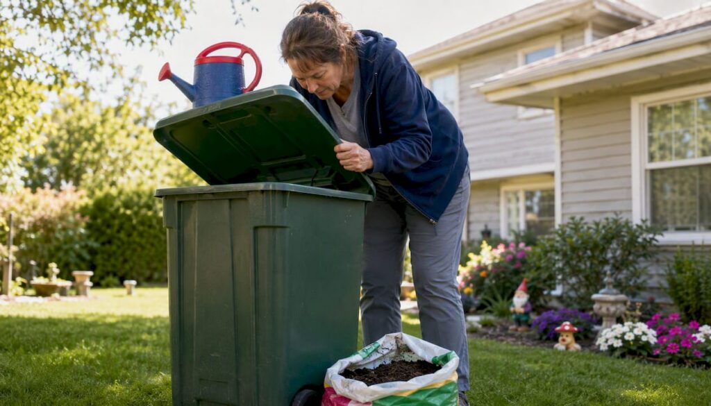 Woman inspecting suburban trash bin outdoors