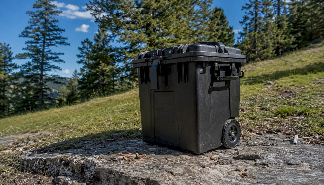 Bear-resistant garbage container in backyard