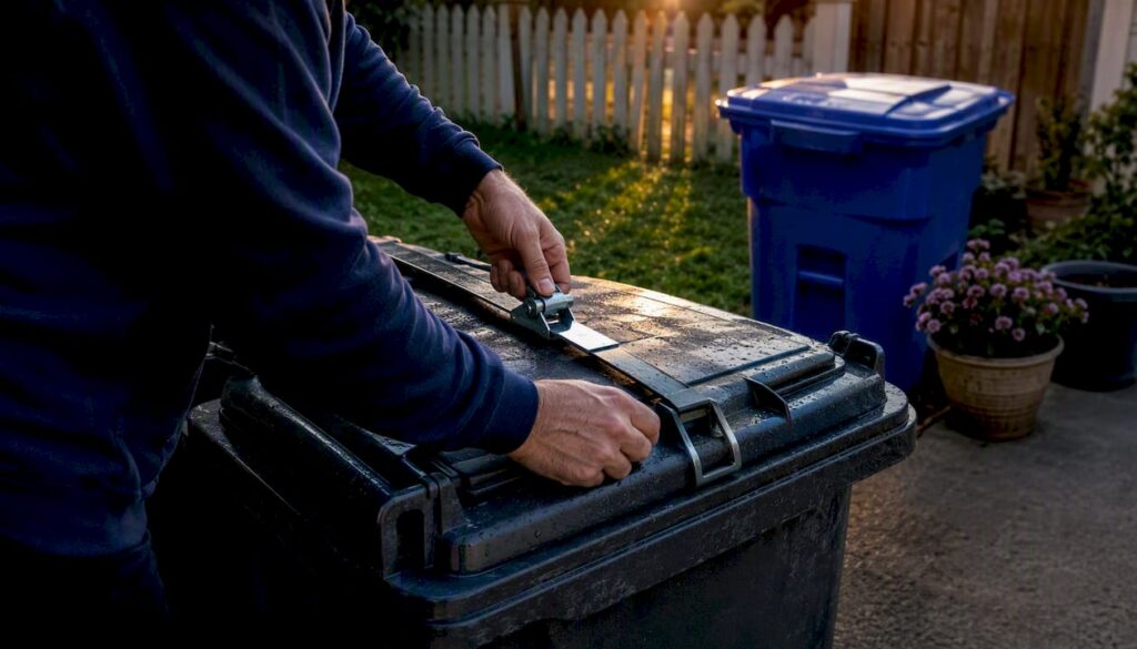 Homeowner securing wildlife-proof bin lid outdoors