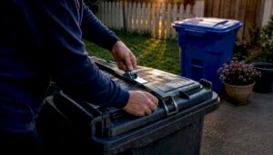 Homeowner securing wildlife-proof bin lid outdoors