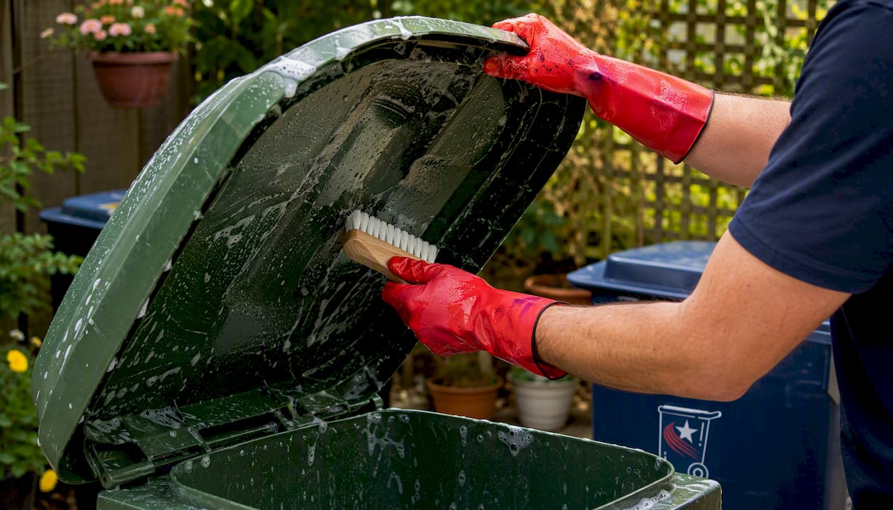 Hands scrubbing trash bin lid outdoors