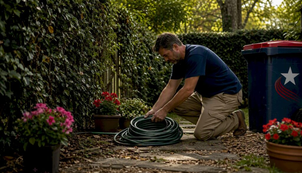 Man draining garden hose in backyard